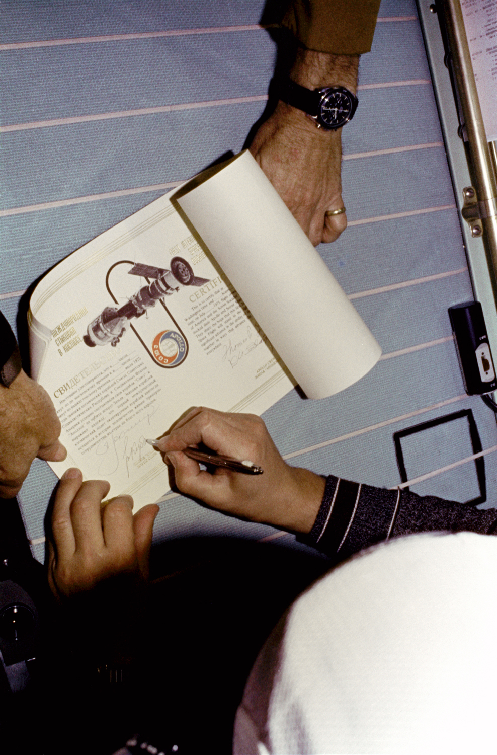 Space History Photo: Certificate Signing of First American & Russian Docking